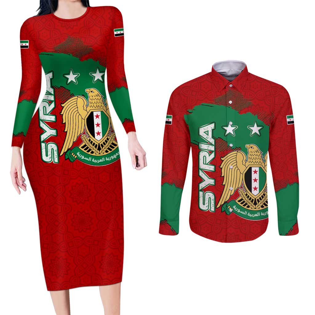 Syria National Emblem Couples Matching Long Sleeve Bodycon Dress and Long Sleeve Button Shirt with Map and Flag Pattern
