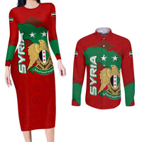 Syria National Emblem Couples Matching Long Sleeve Bodycon Dress and Long Sleeve Button Shirt with Map and Flag Pattern