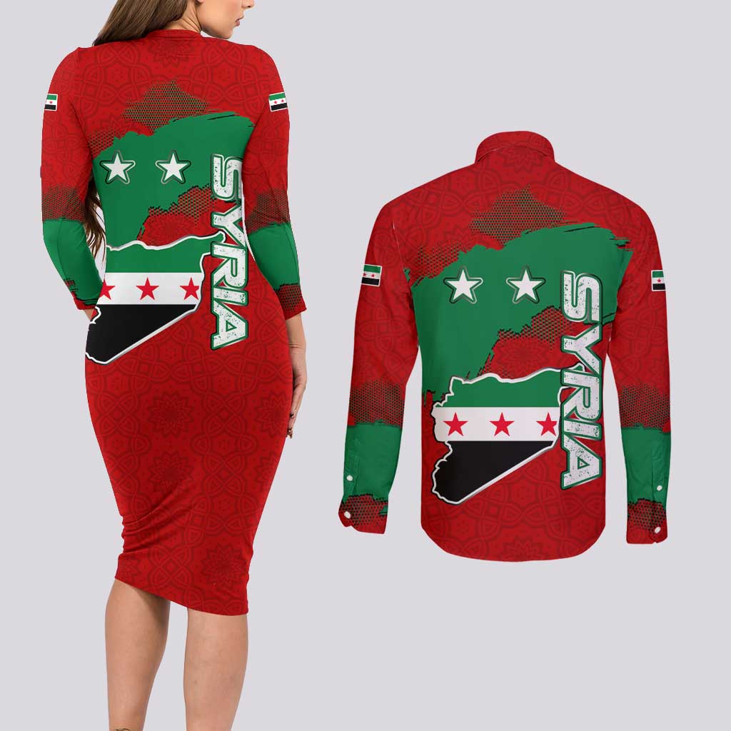 Syria National Emblem Couples Matching Long Sleeve Bodycon Dress and Long Sleeve Button Shirt with Map and Flag Pattern