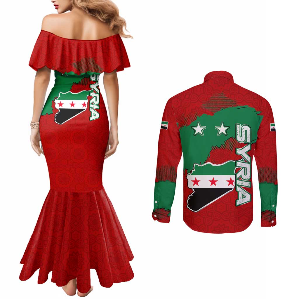 Syria National Emblem Couples Matching Mermaid Dress and Long Sleeve Button Shirt with Map and Flag Pattern
