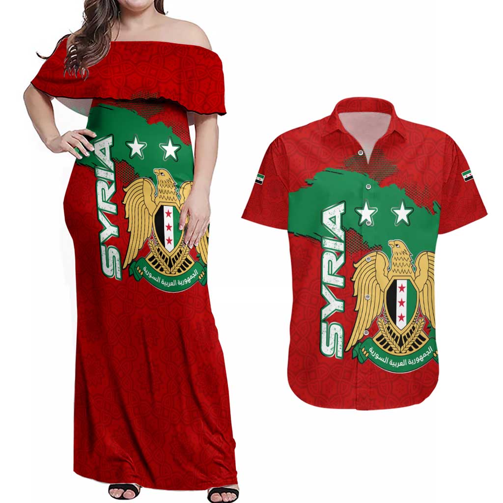 Syria National Emblem Couples Matching Off Shoulder Maxi Dress and Hawaiian Shirt with Map and Flag Pattern
