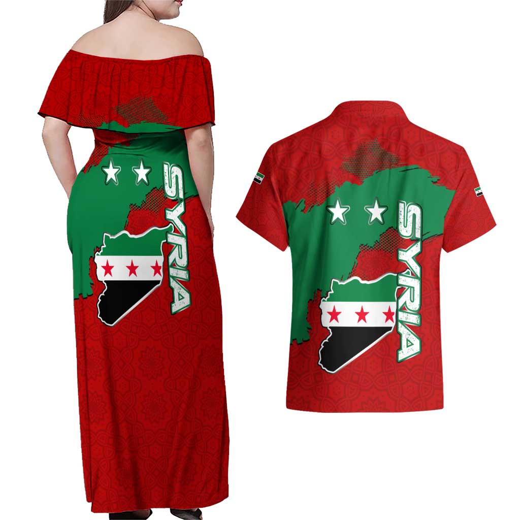 Syria National Emblem Couples Matching Off Shoulder Maxi Dress and Hawaiian Shirt with Map and Flag Pattern