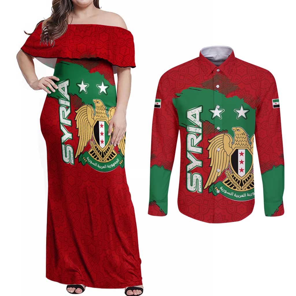 Syria National Emblem Couples Matching Off Shoulder Maxi Dress and Long Sleeve Button Shirt with Map and Flag Pattern