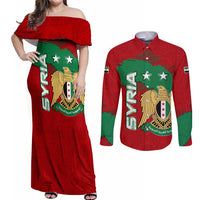 Syria National Emblem Couples Matching Off Shoulder Maxi Dress and Long Sleeve Button Shirt with Map and Flag Pattern