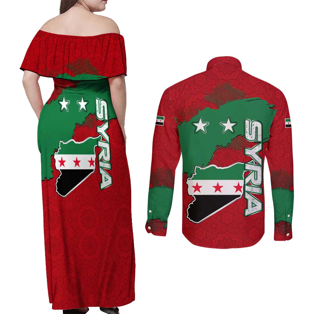 Syria National Emblem Couples Matching Off Shoulder Maxi Dress and Long Sleeve Button Shirt with Map and Flag Pattern