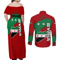 Syria National Emblem Couples Matching Off Shoulder Maxi Dress and Long Sleeve Button Shirt with Map and Flag Pattern