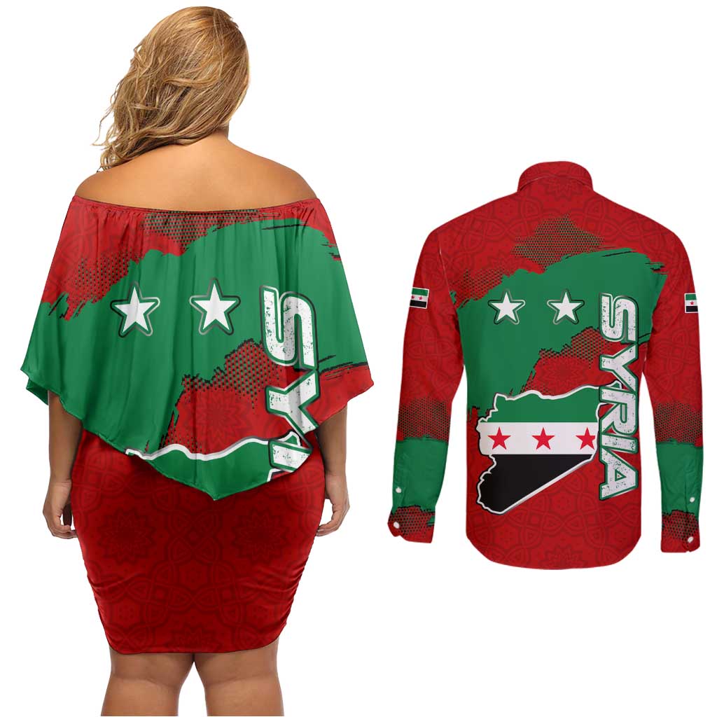 Syria National Emblem Couples Matching Off Shoulder Short Dress and Long Sleeve Button Shirt with Map and Flag Pattern