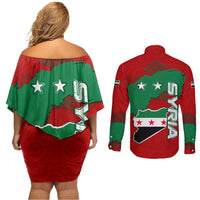 Syria National Emblem Couples Matching Off Shoulder Short Dress and Long Sleeve Button Shirt with Map and Flag Pattern