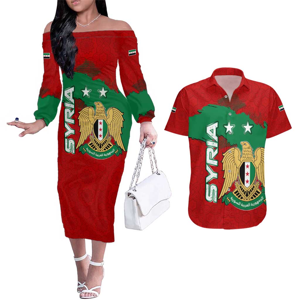 Syria National Emblem Couples Matching Off The Shoulder Long Sleeve Dress and Hawaiian Shirt with Map and Flag Pattern