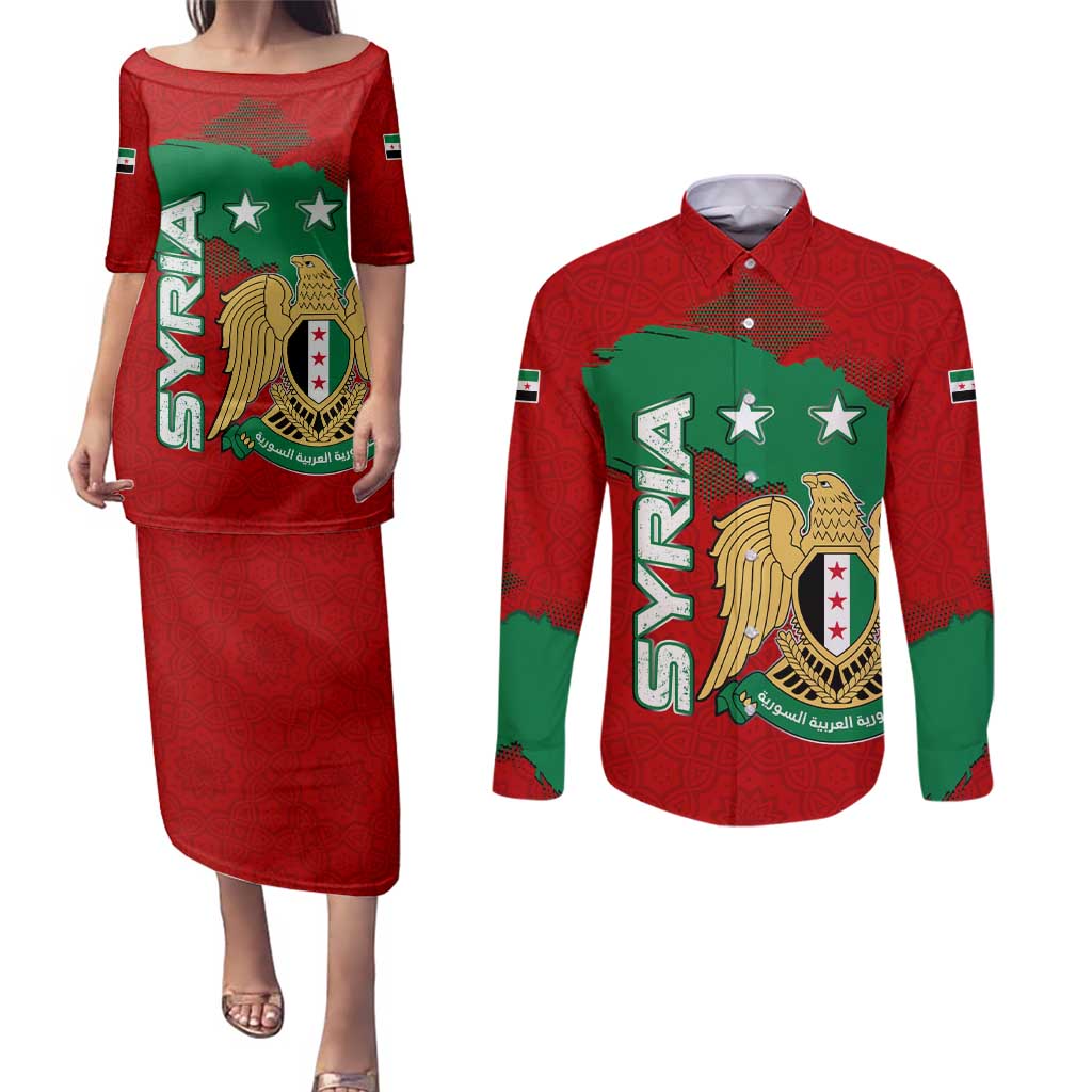 Syria National Emblem Couples Matching Puletasi and Long Sleeve Button Shirt with Map and Flag Pattern