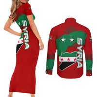 Syria National Emblem Couples Matching Short Sleeve Bodycon Dress and Long Sleeve Button Shirt with Map and Flag Pattern