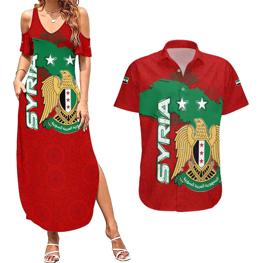Syria National Emblem Couples Matching Summer Maxi Dress and Hawaiian Shirt with Map and Flag Pattern