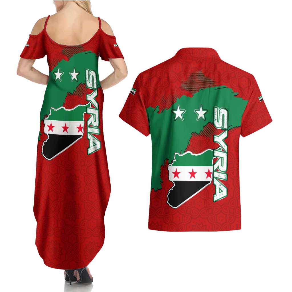Syria National Emblem Couples Matching Summer Maxi Dress and Hawaiian Shirt with Map and Flag Pattern