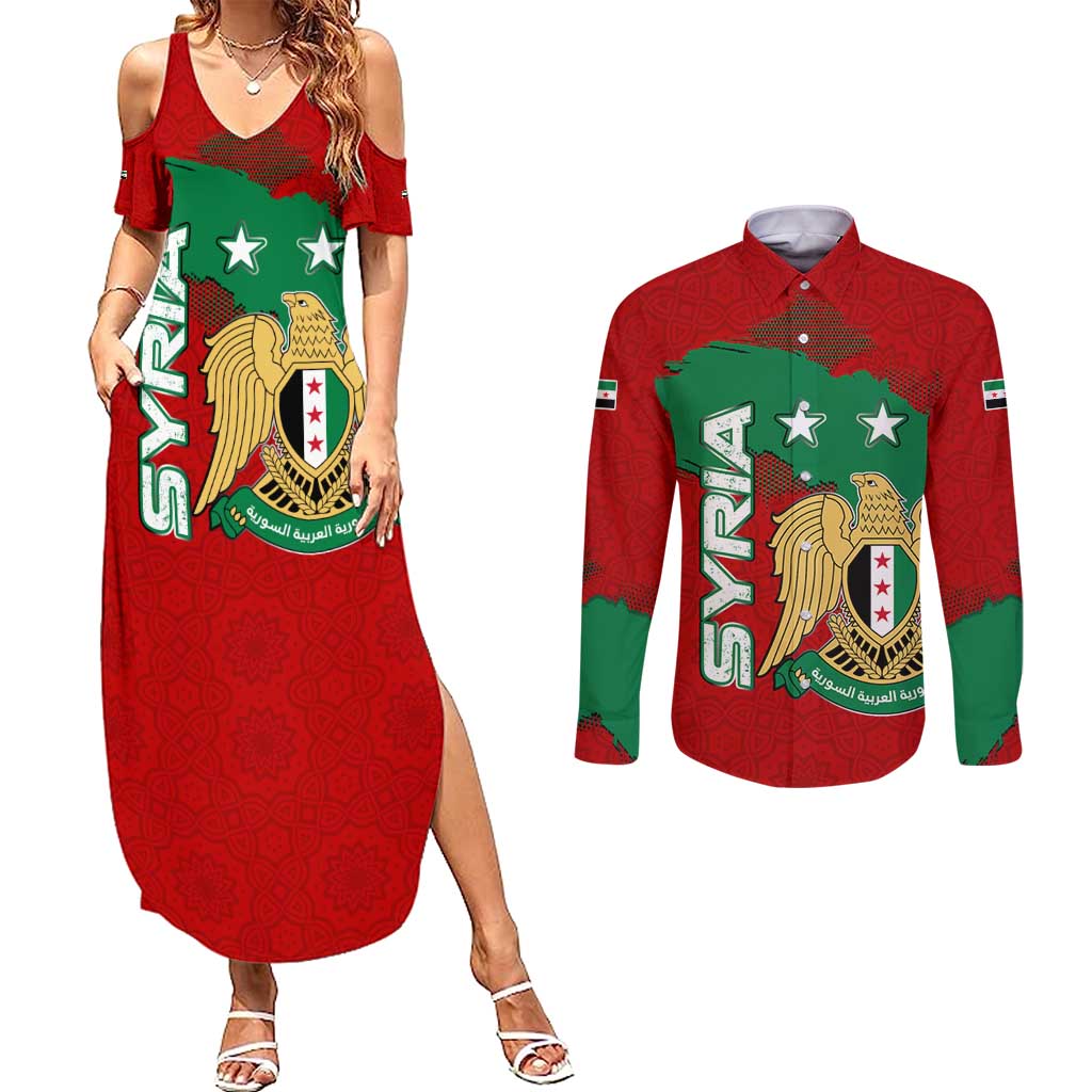 Syria National Emblem Couples Matching Summer Maxi Dress and Long Sleeve Button Shirt with Map and Flag Pattern