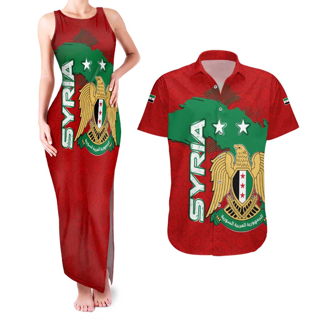 Syria National Emblem Couples Matching Tank Maxi Dress and Hawaiian Shirt with Map and Flag Pattern