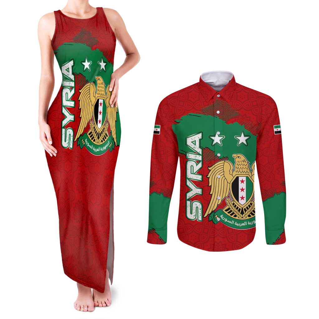 Syria National Emblem Couples Matching Tank Maxi Dress and Long Sleeve Button Shirt with Map and Flag Pattern