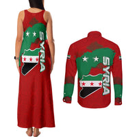 Syria National Emblem Couples Matching Tank Maxi Dress and Long Sleeve Button Shirt with Map and Flag Pattern