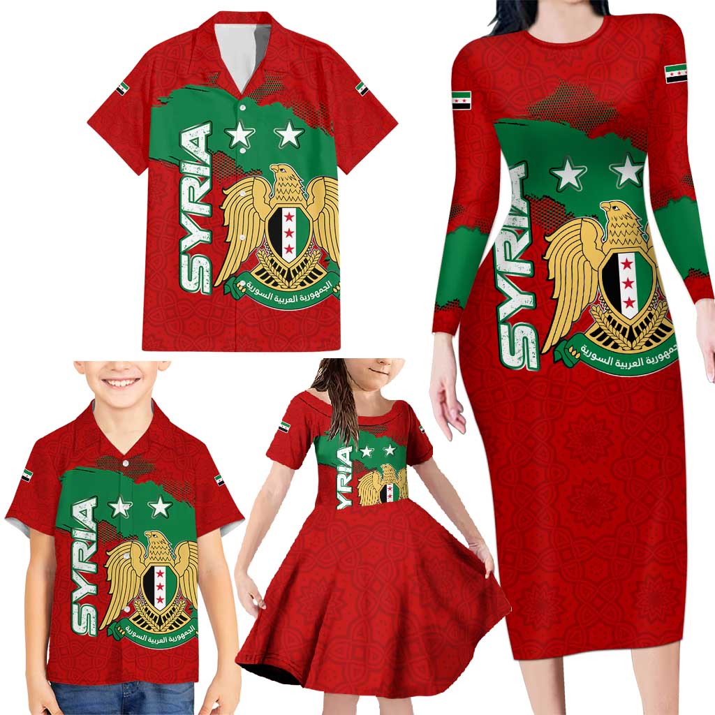 Syria National Emblem Family Matching Long Sleeve Bodycon Dress and Hawaiian Shirt with Map and Flag Pattern