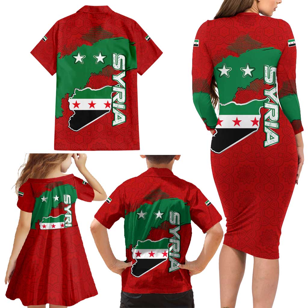 Syria National Emblem Family Matching Long Sleeve Bodycon Dress and Hawaiian Shirt with Map and Flag Pattern