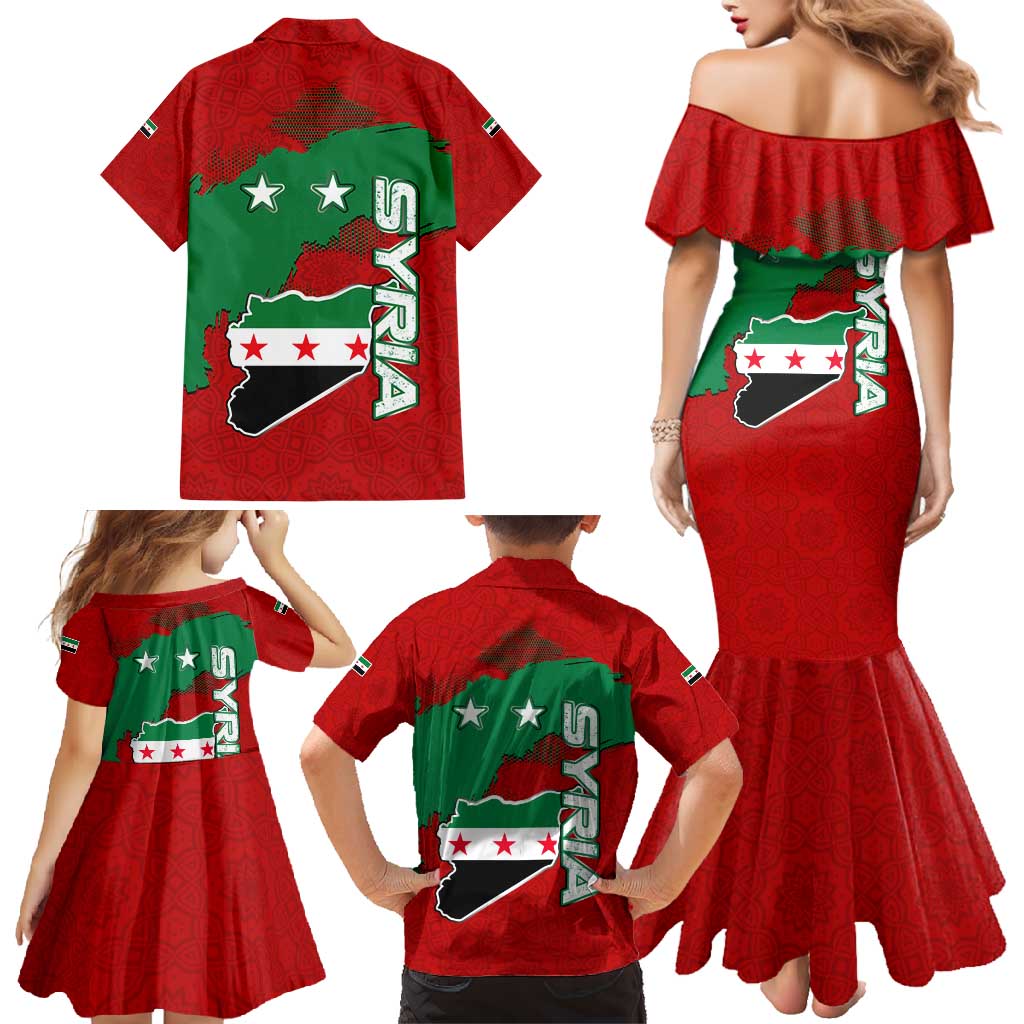 Syria National Emblem Family Matching Mermaid Dress and Hawaiian Shirt with Map and Flag Pattern