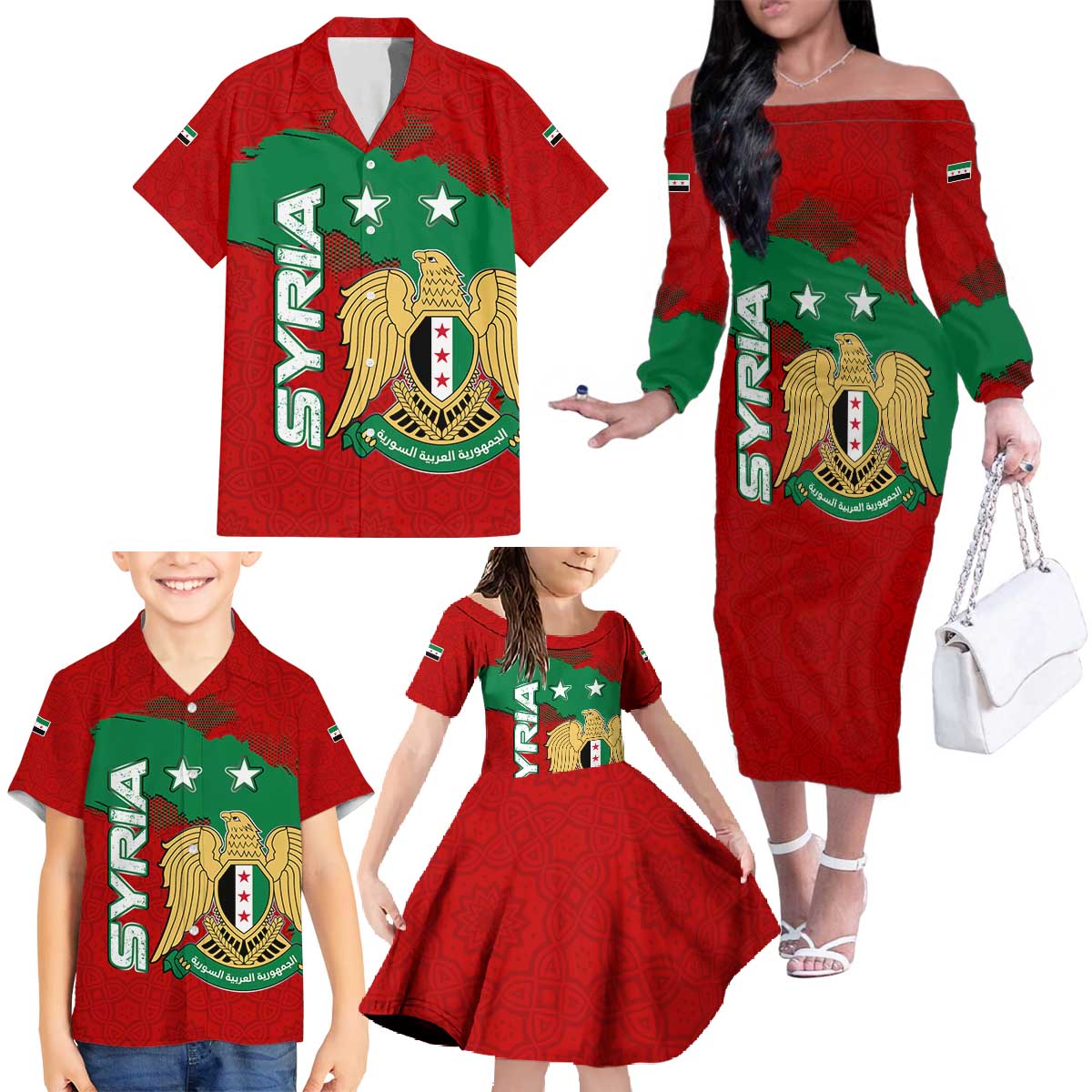 Syria National Emblem Family Matching Off The Shoulder Long Sleeve Dress and Hawaiian Shirt with Map and Flag Pattern
