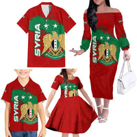 Syria National Emblem Family Matching Off The Shoulder Long Sleeve Dress and Hawaiian Shirt with Map and Flag Pattern