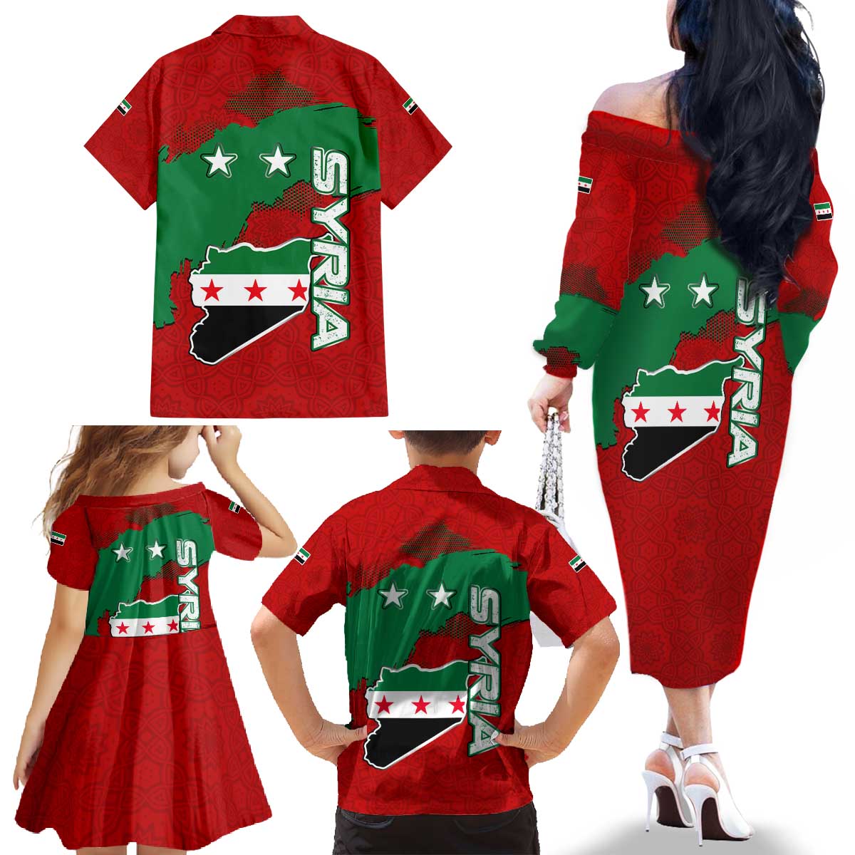 Syria National Emblem Family Matching Off The Shoulder Long Sleeve Dress and Hawaiian Shirt with Map and Flag Pattern