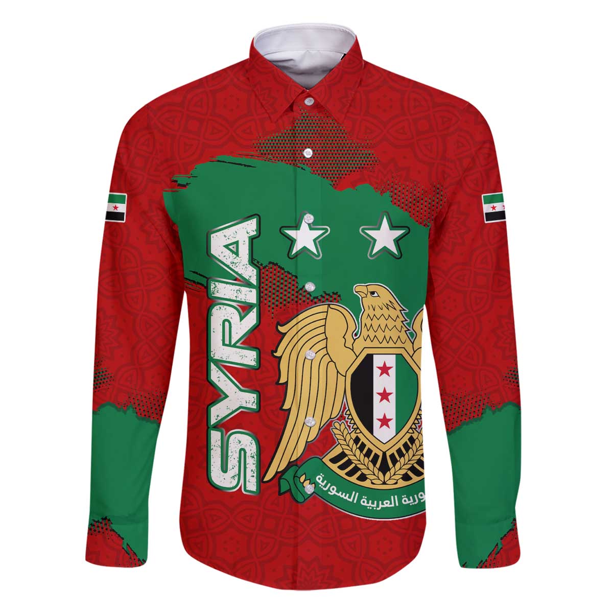 Syria National Emblem Family Matching Off The Shoulder Long Sleeve Dress and Hawaiian Shirt with Map and Flag Pattern