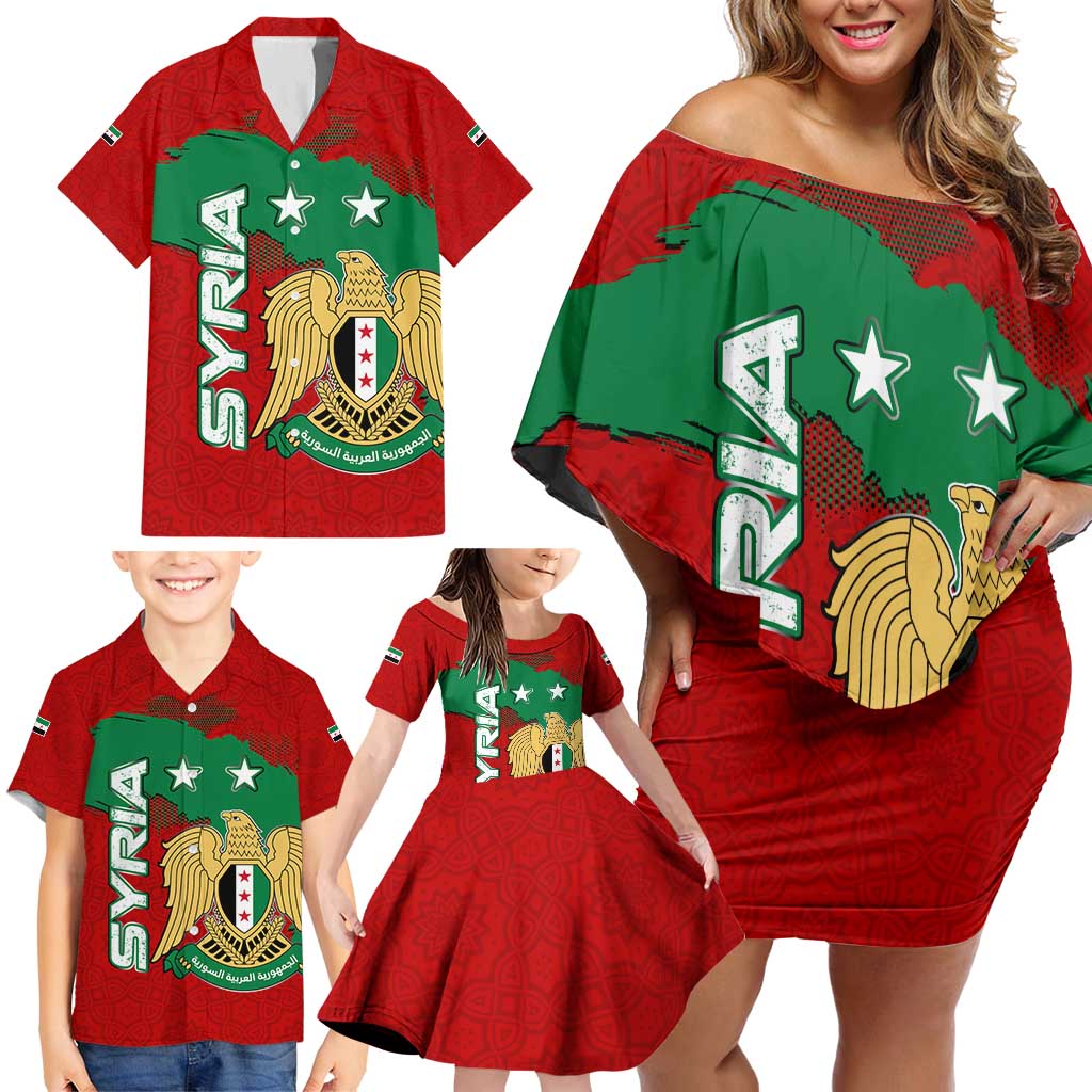 Syria National Emblem Family Matching Off Shoulder Short Dress and Hawaiian Shirt with Map and Flag Pattern