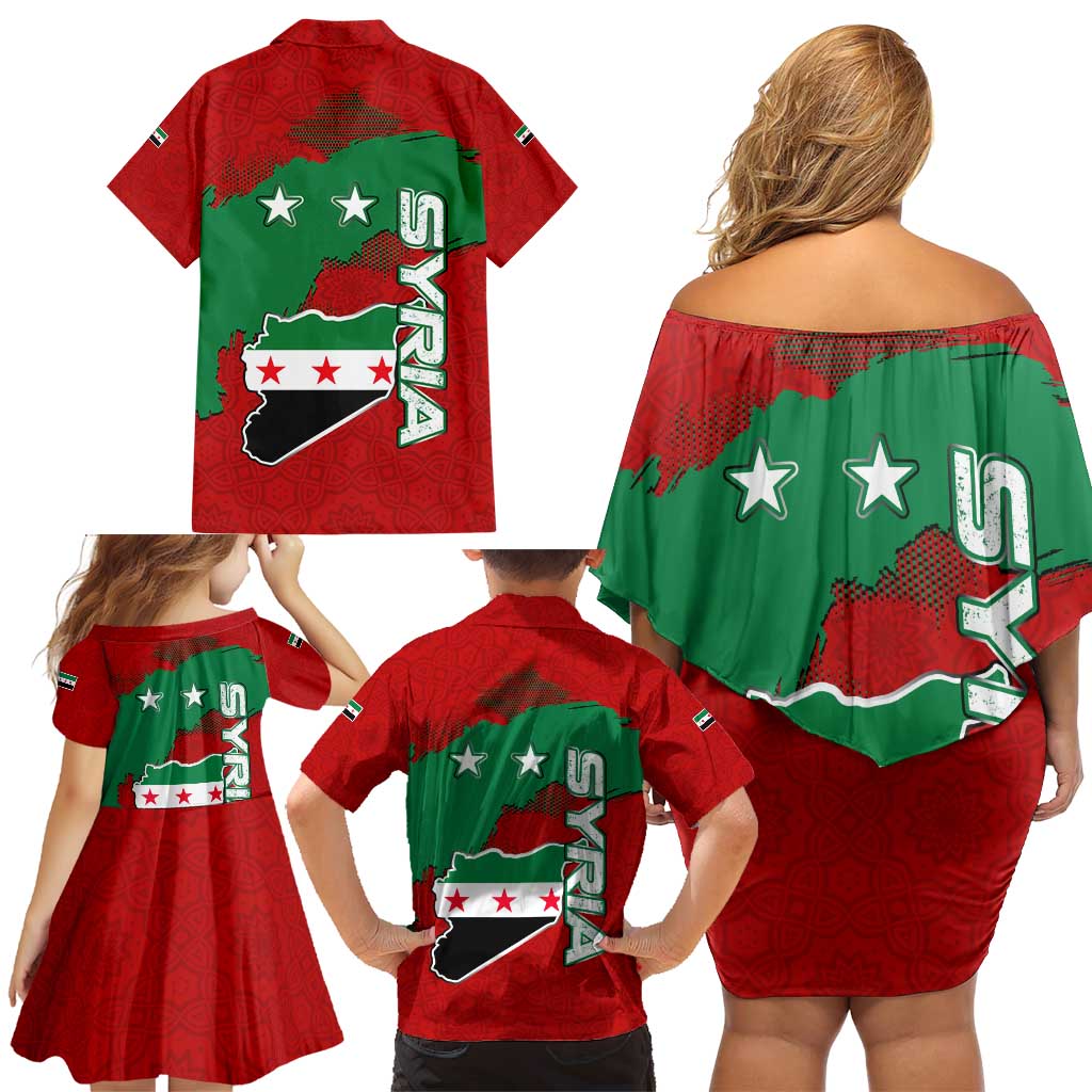 Syria National Emblem Family Matching Off Shoulder Short Dress and Hawaiian Shirt with Map and Flag Pattern