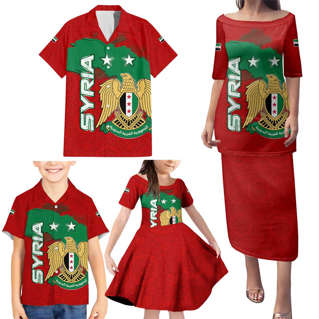 Syria National Emblem Family Matching Puletasi and Hawaiian Shirt with Map and Flag Pattern