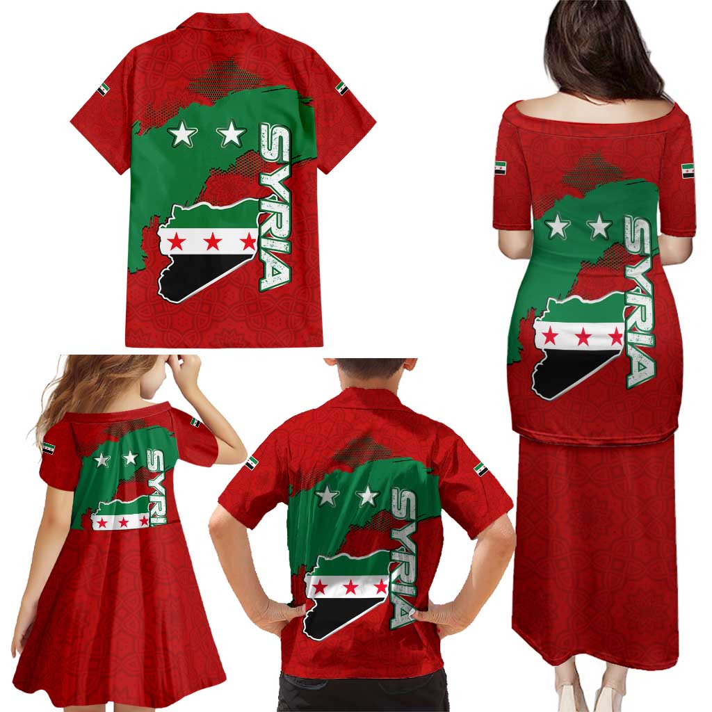 Syria National Emblem Family Matching Puletasi and Hawaiian Shirt with Map and Flag Pattern