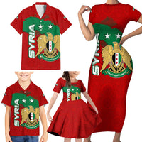 Syria National Emblem Family Matching Short Sleeve Bodycon Dress and Hawaiian Shirt with Map and Flag Pattern