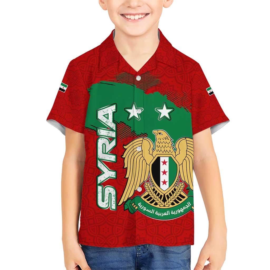 Syria National Emblem Family Matching Short Sleeve Bodycon Dress and Hawaiian Shirt with Map and Flag Pattern
