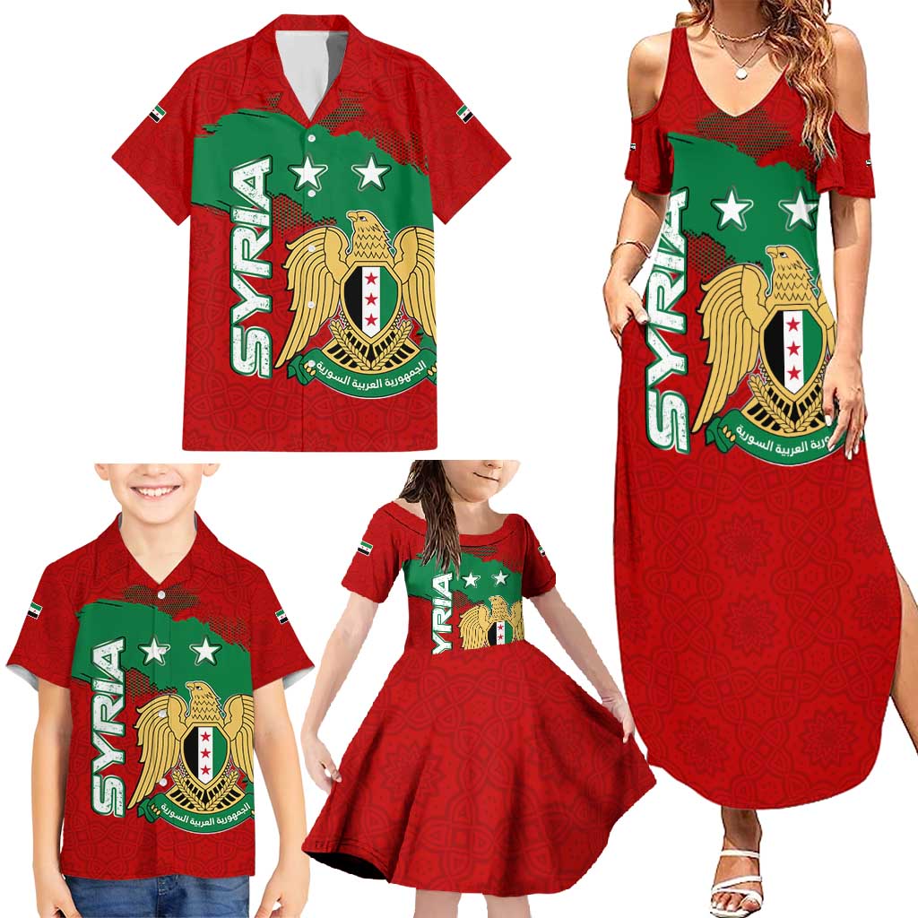 Syria National Emblem Family Matching Summer Maxi Dress and Hawaiian Shirt with Map and Flag Pattern