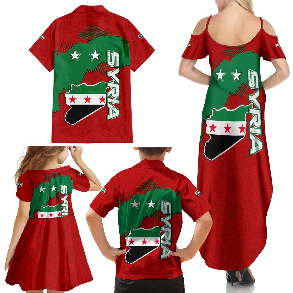 Syria National Emblem Family Matching Summer Maxi Dress and Hawaiian Shirt with Map and Flag Pattern