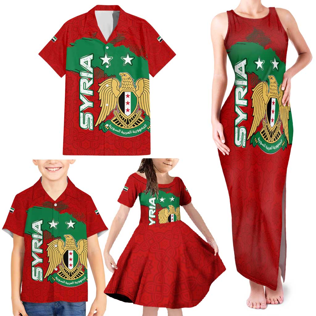 Syria National Emblem Family Matching Tank Maxi Dress and Hawaiian Shirt with Map and Flag Pattern