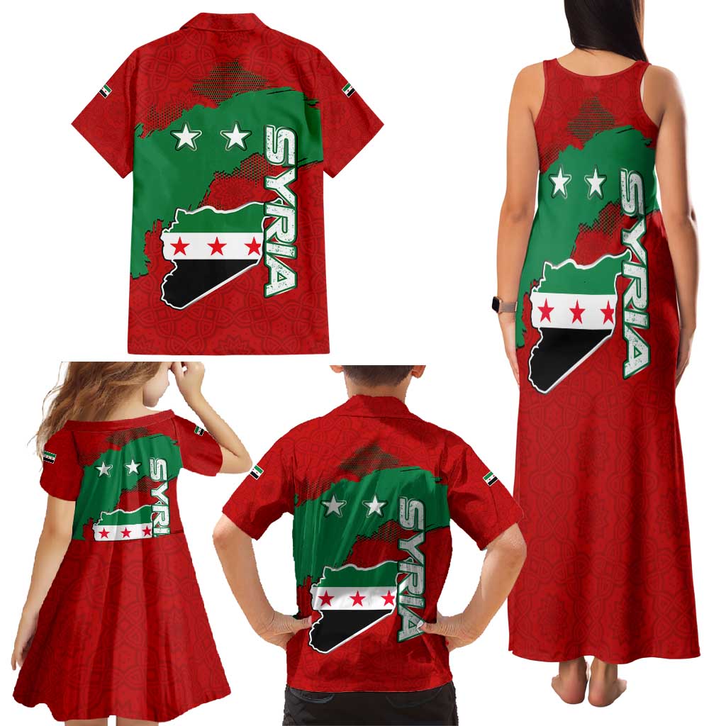Syria National Emblem Family Matching Tank Maxi Dress and Hawaiian Shirt with Map and Flag Pattern