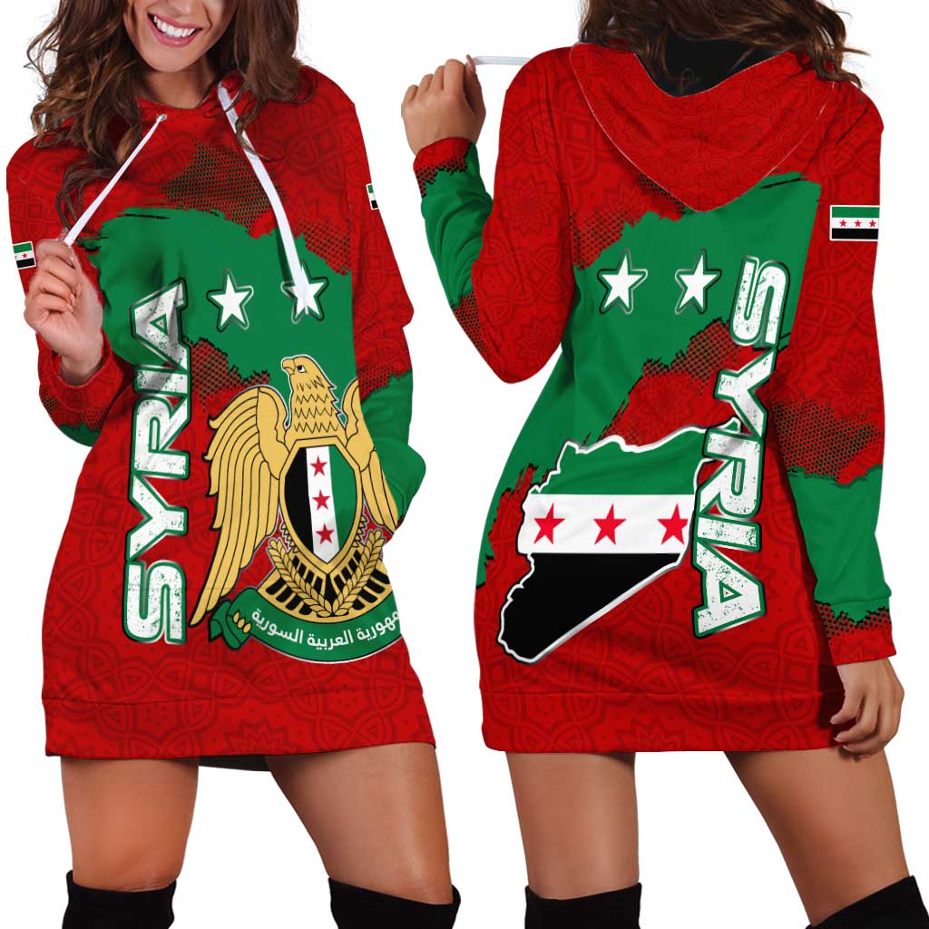 Syria National Emblem Hoodie Dress with Map and Flag Pattern