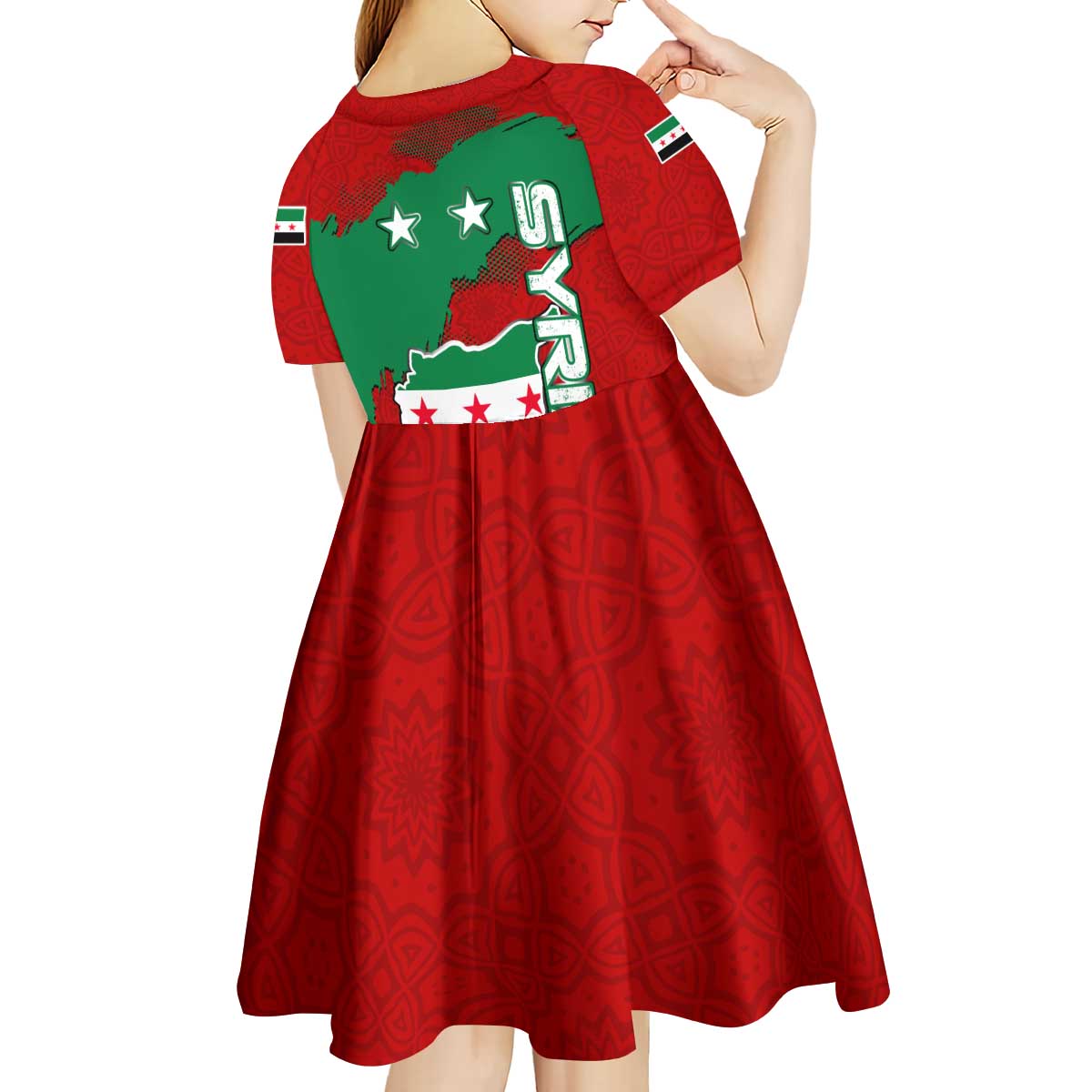 Syria National Emblem Kid Short Sleeve Dress with Map and Flag Pattern