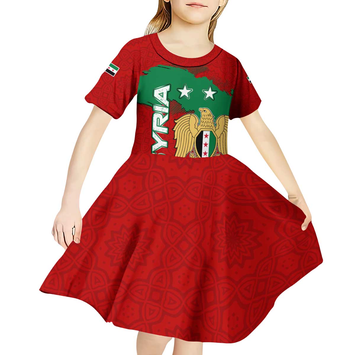 Syria National Emblem Kid Short Sleeve Dress with Map and Flag Pattern