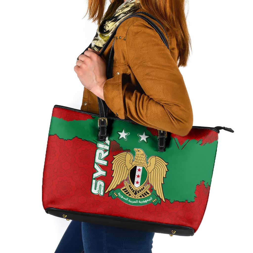 Syria National Emblem Leather Tote Bag with Map and Flag Pattern