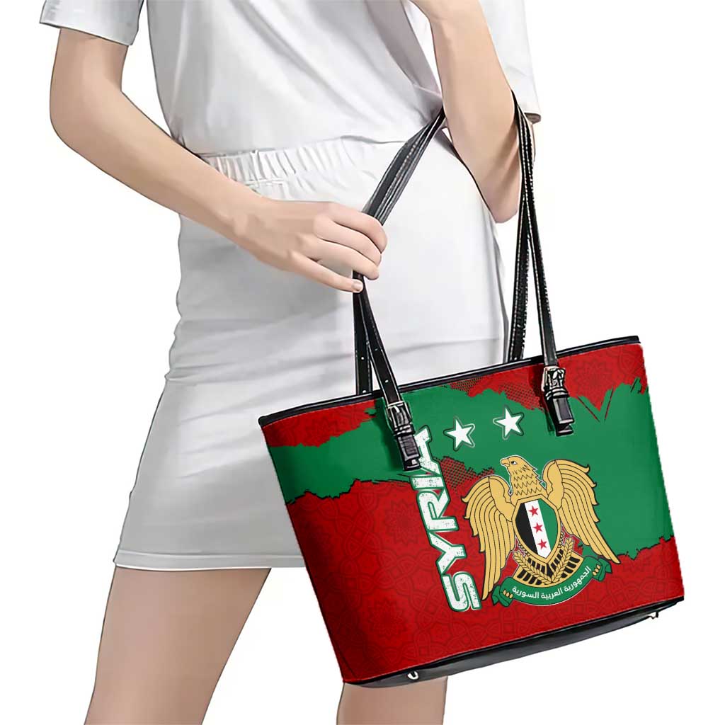 Syria National Emblem Leather Tote Bag with Map and Flag Pattern