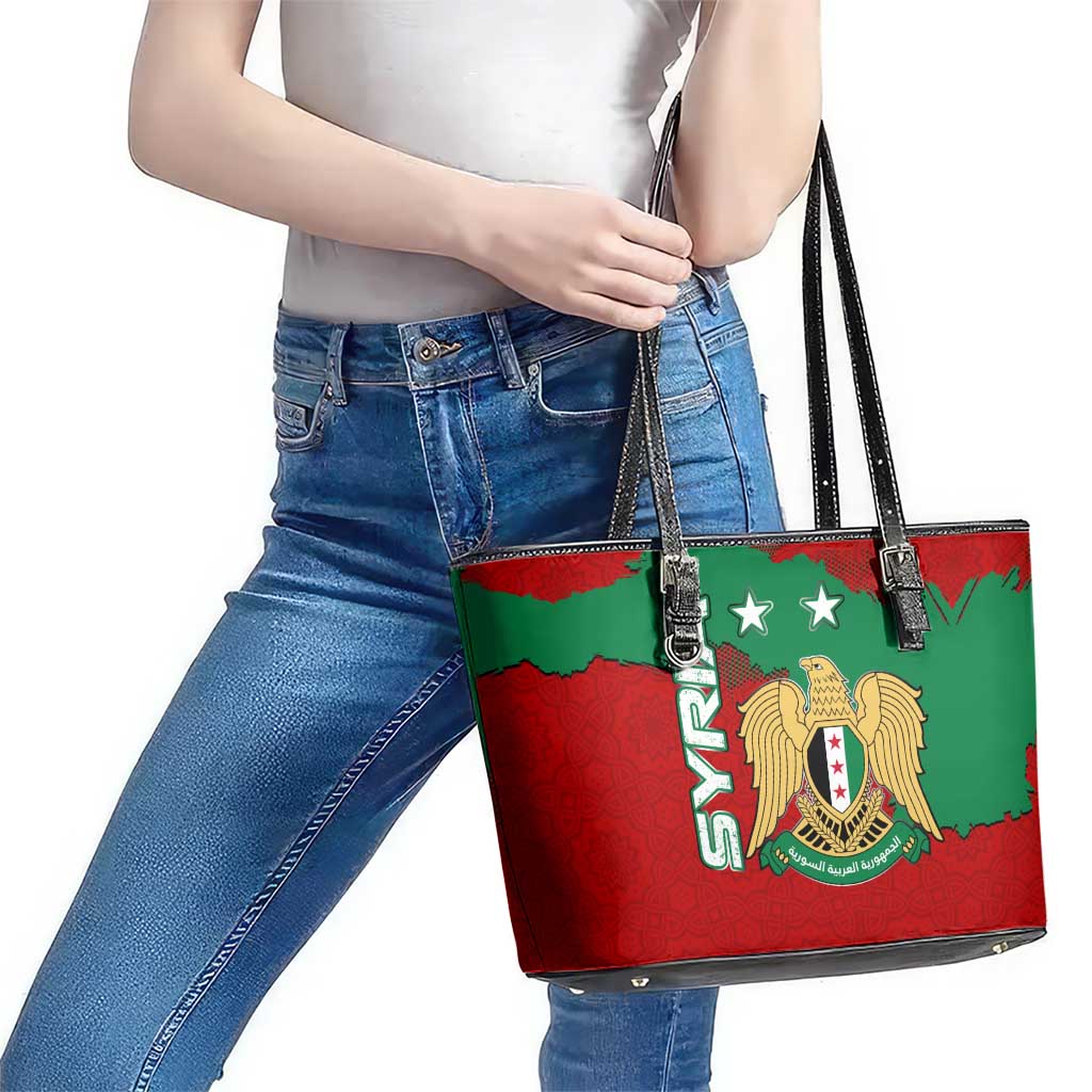 Syria National Emblem Leather Tote Bag with Map and Flag Pattern