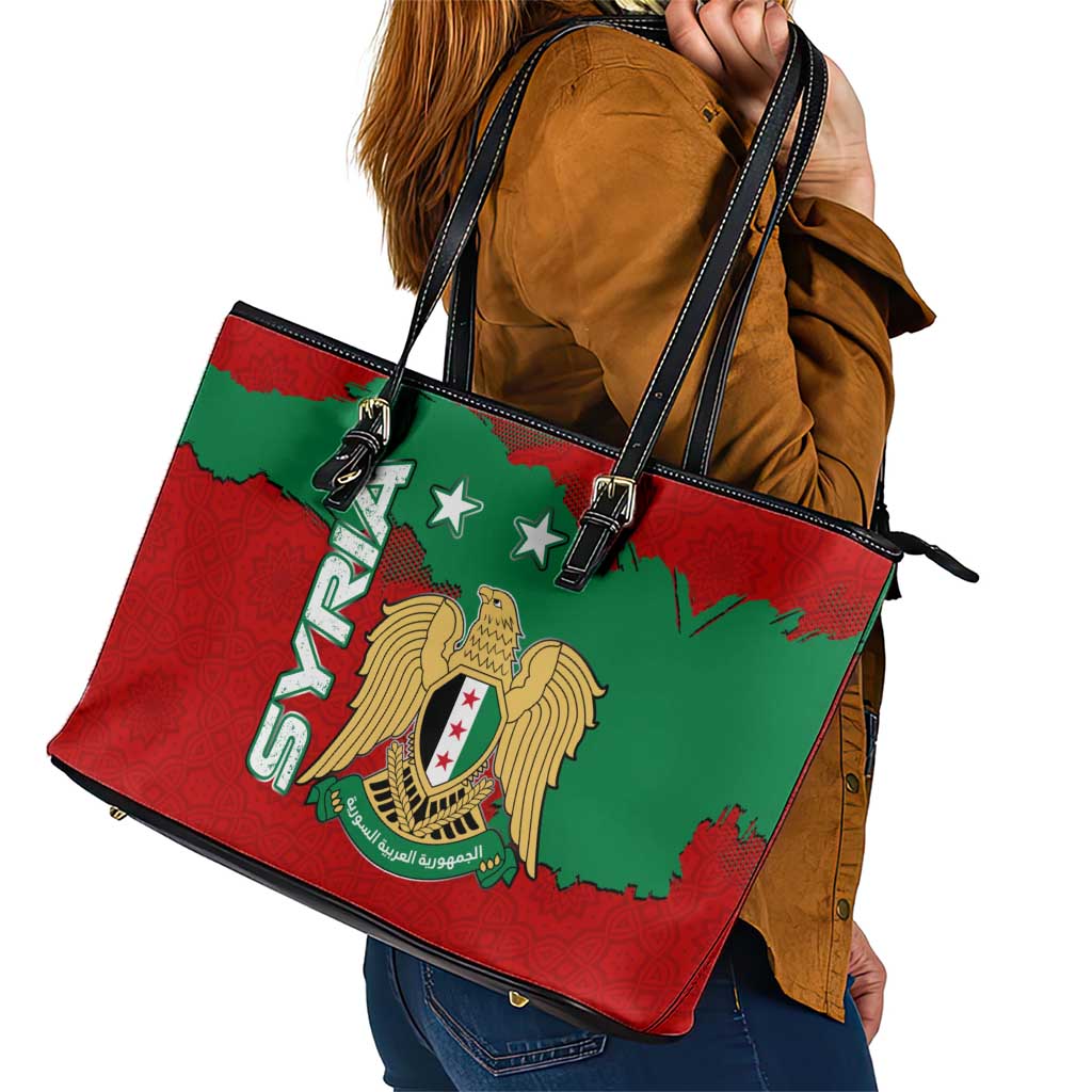 Syria National Emblem Leather Tote Bag with Map and Flag Pattern