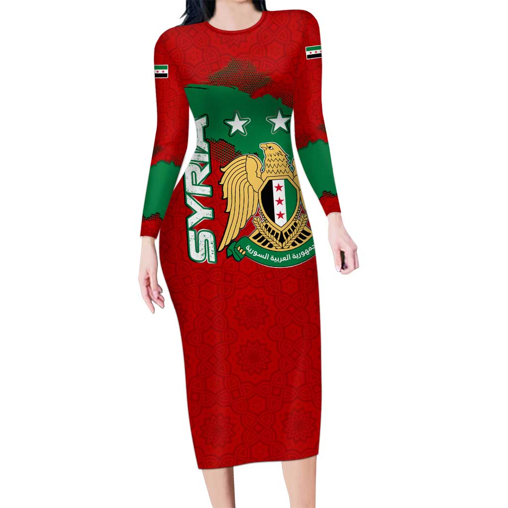 Syria National Emblem Long Sleeve Bodycon Dress with Map and Flag Pattern