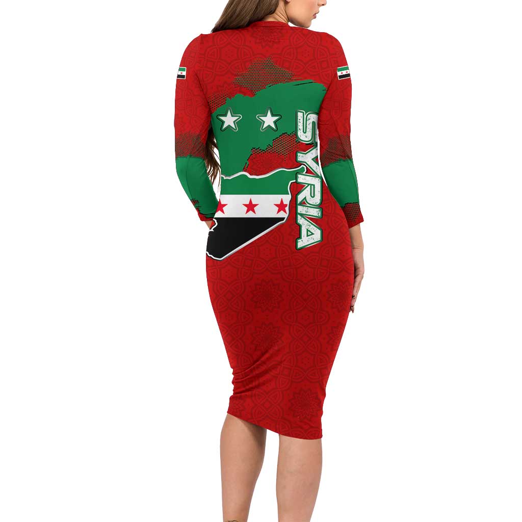 Syria National Emblem Long Sleeve Bodycon Dress with Map and Flag Pattern