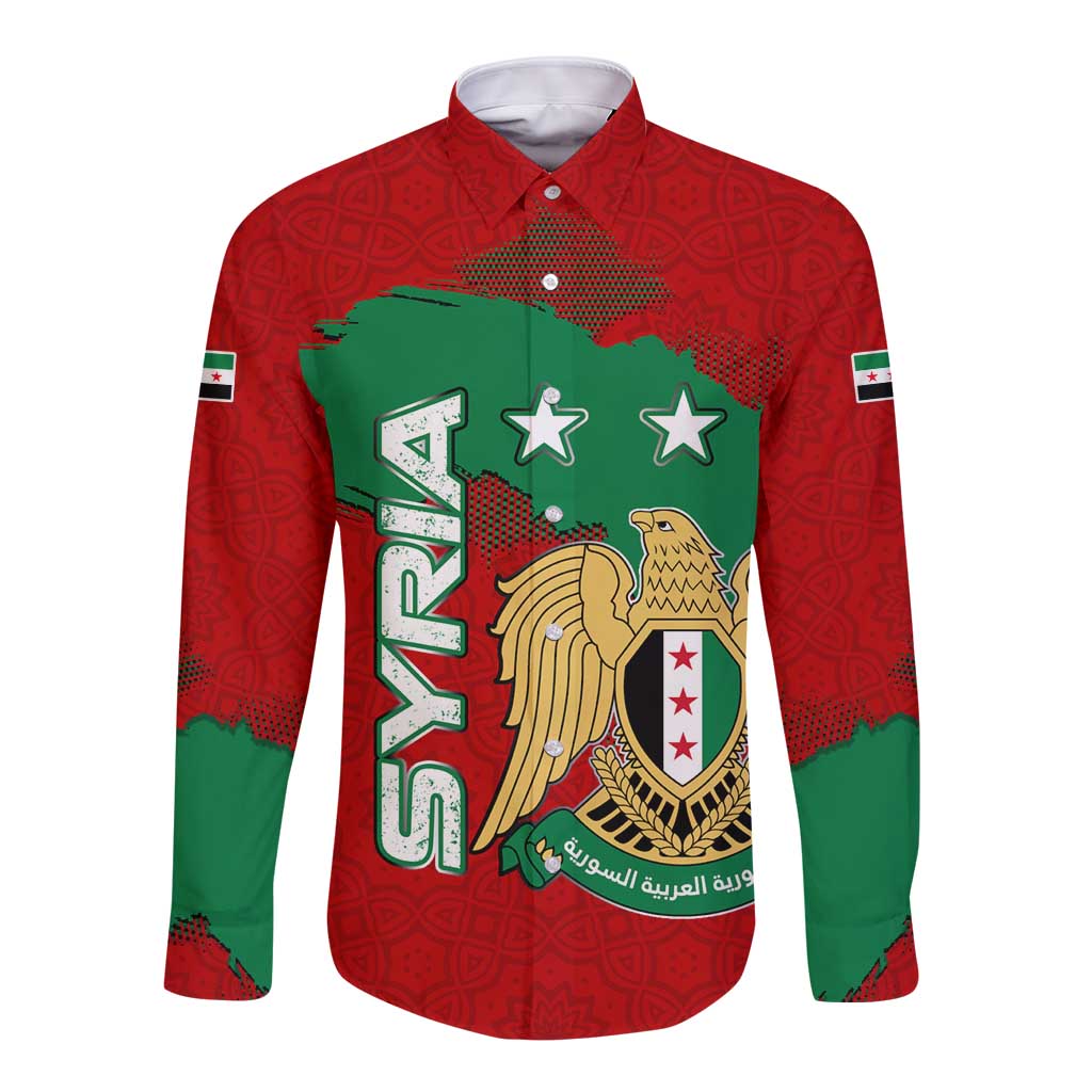 Syria National Emblem Long Sleeve Button Shirt with Map and Flag Pattern