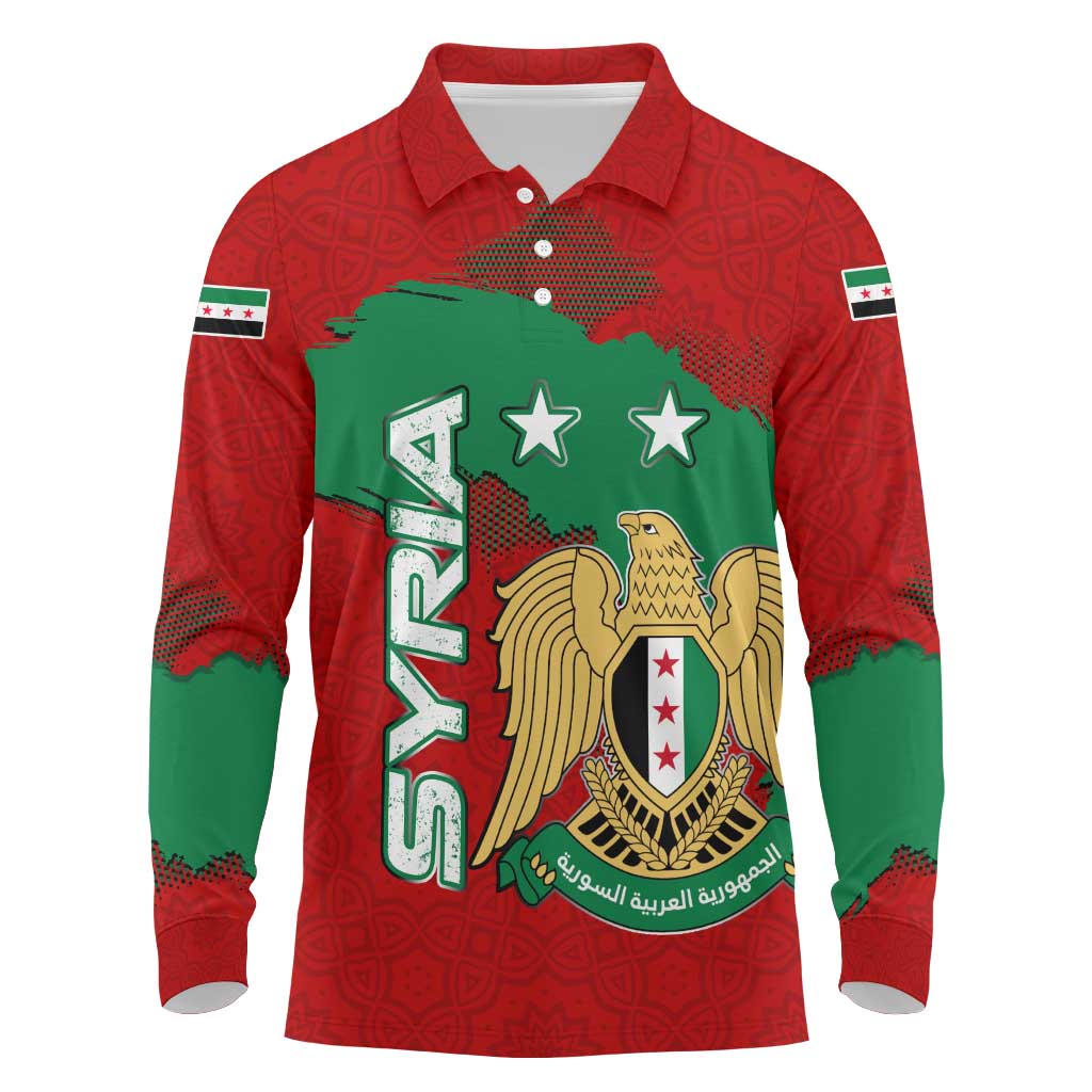 Syria National Emblem Long Sleeve Polo Shirt with Map and Flag Pattern