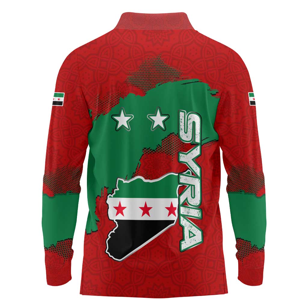 Syria National Emblem Long Sleeve Polo Shirt with Map and Flag Pattern